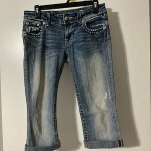 Miss Me Distressed Blue Cuffed Cropped Embellished Capris Jeans Size 27